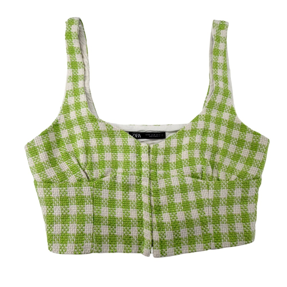 Zara Women Medium Green Gingham Tweed Crop Top Hook Eye Corset Style Sleeveless